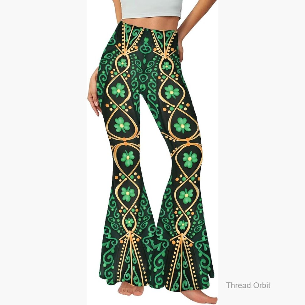 St Patrick's Day Flare Leg Pants Shamrock Print Polyester Spandex